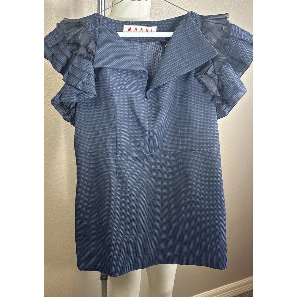 Marni Blue Textured Ruffle Sleeve Top Blouse Women's Designer Size 38